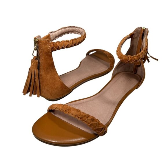 Joie Amina Suede Tassel Braided Sandals sz 7.5 Caramel Brown Zip Back Flat - Picture 5 of 5